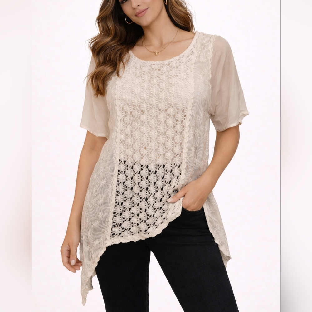Monteau Winter White Crochet Embroidered Assymetric Festival Tunic